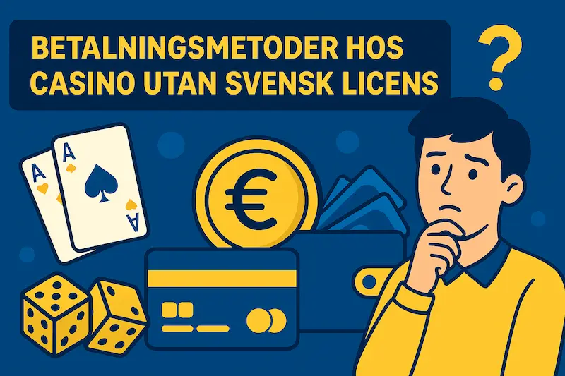 Betalningsmetoder hos casino utan svensk licens – illustration med kort, tärningar och betalterminal i blågult.