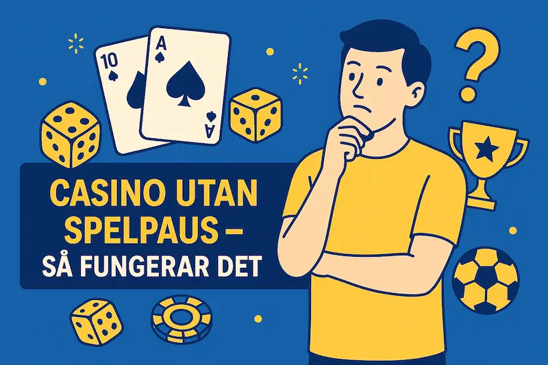 Casino utan Spelpaus – illustration med spelkort, tärningar och fundersam spelare i blågult.