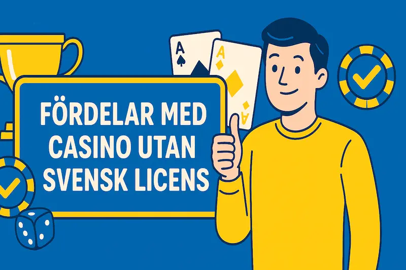 Illustration av fördelar med casino utan svensk licens, glad spelare i blågult med spelkort, tärningar, pokermarker och pokal.