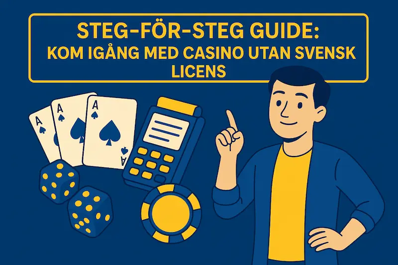teg-för-steg guide casino utan svensk licens – blågul illustration med kort och checklista.