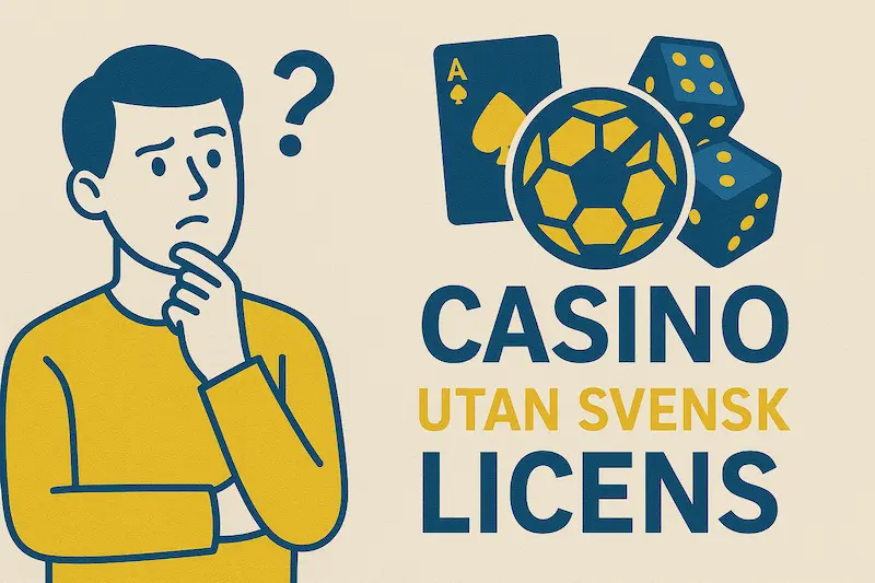 Vad är casino utan svensk licens? Bannerbild med fundersam person, spelkort, tärningar och sporttema.