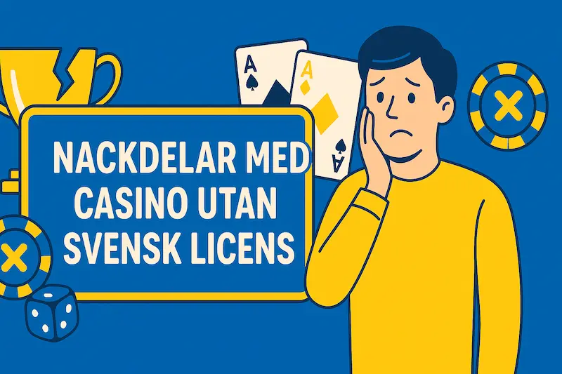 Illustration av nackdelar med casino utan svensk licens, orolig spelare i blågult med spelkort, tärningar, marker och avbruten pokal.