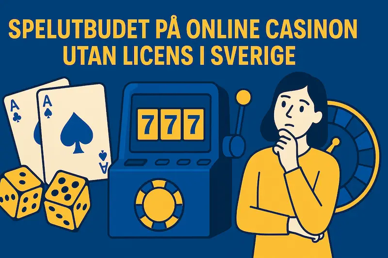 Spelutbud på online casinon utan svensk licens – illustration med kort, tärningar, slotmaskin och roulette i blågult.